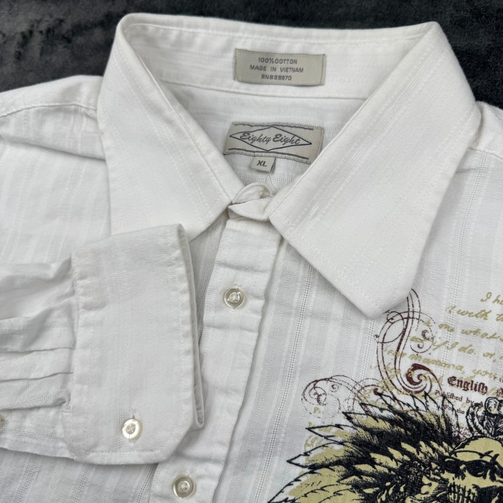 Eighty Eight Mens XL White Graphic Button Down Shirt Winged Skull Sword Y2K